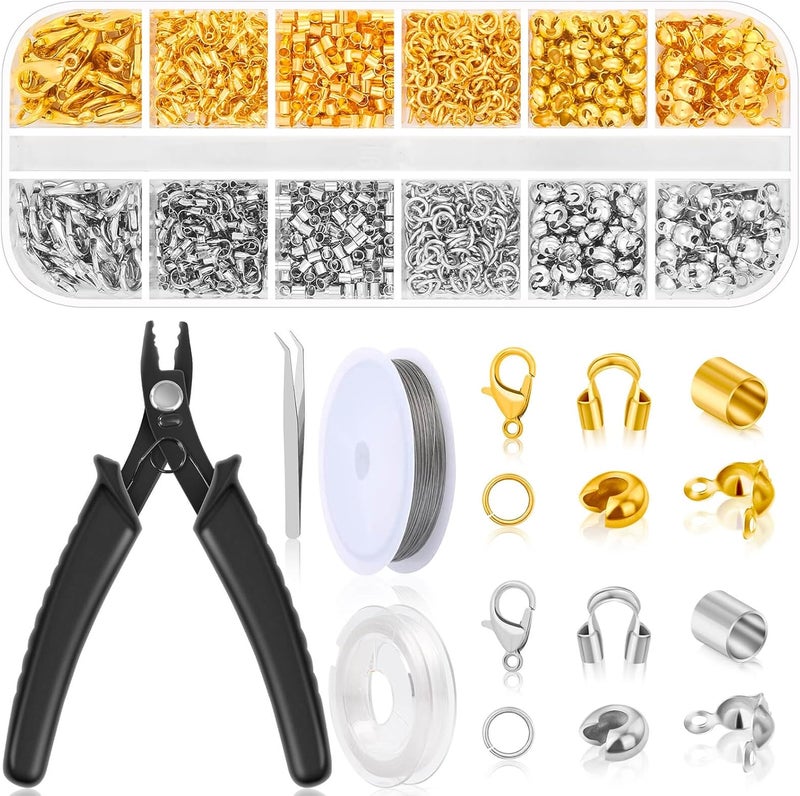 Thrilez 1200Pcs Crimp Beads Supplies for Jewelry Making, Including Crimp covers, Crimp Tubes, Bracelet Clasps and Closures, Crimp Ends, Jump Rings, Crimping Pliers and Beading Wire for Bracelets Making - Image 1